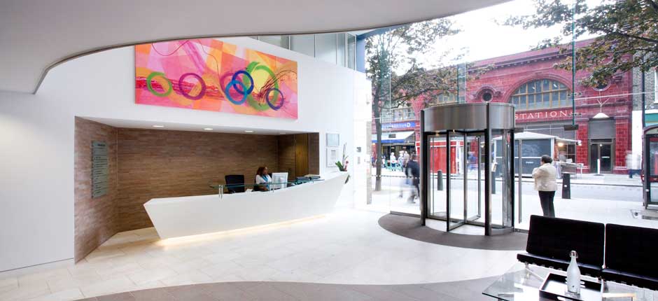 block 9 Architects Edinburgh Internal photo of Bernard Street reception desk in context of newly refurbished reception area