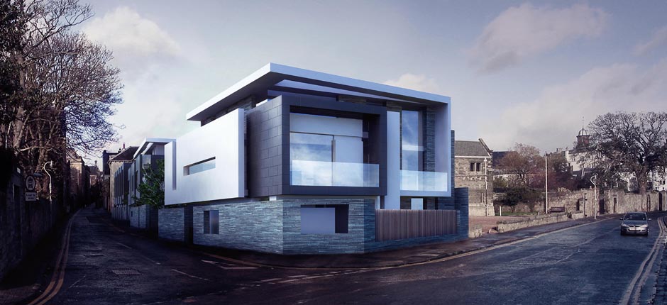 Residential and mews apartment building in St Andrews CGI by block 9 Architects Edinburghin St Andrews